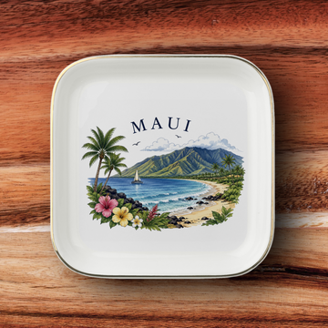Maui Jewelry Dish, Hawaiian Island Trinket Tray, Sourvenir Ring Holder, Travel Gift, Gold Trim Ceramic Catchall
