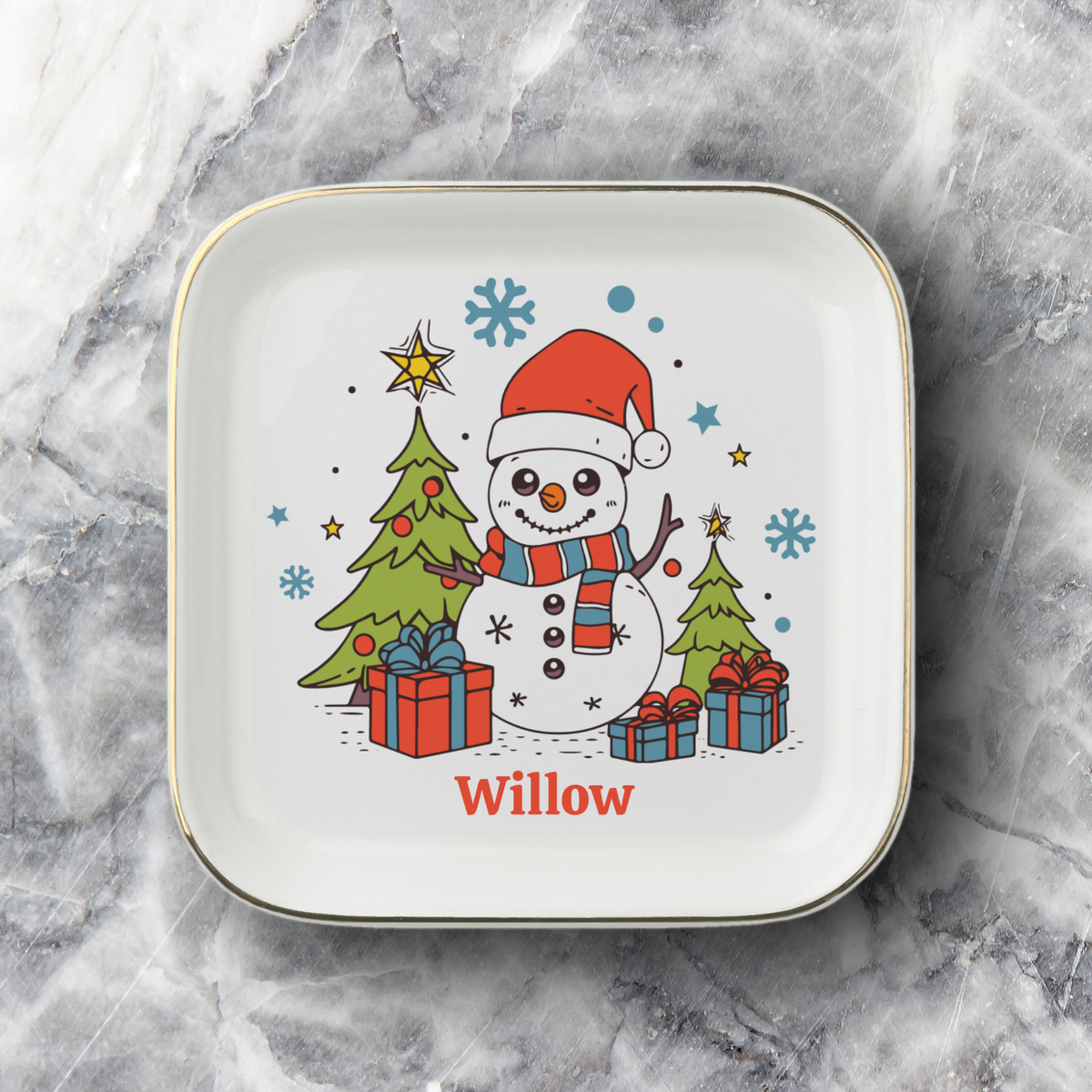 Personalized Christmas Jewelry Dish, Snowman Ring Holder, Winter Tree Trinket Tray, Holiday Gift Ceramic Dish