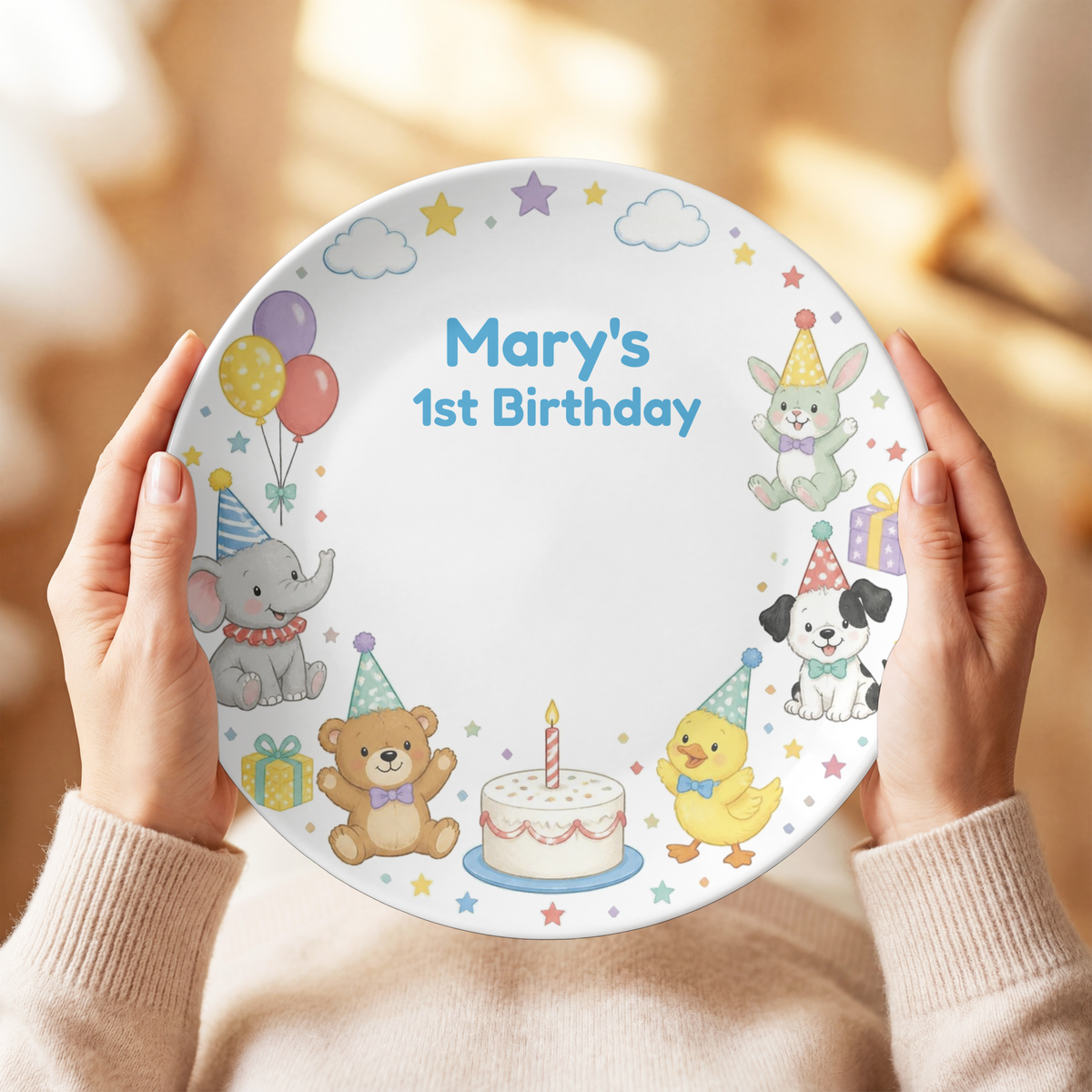 Personalized 1st Birthday Plate, Cute Animal Birthday Party Keepsake, Custom Celebration Decor Gift, 10 Inch UNBREAKABLE Plate– Not Ceramic,