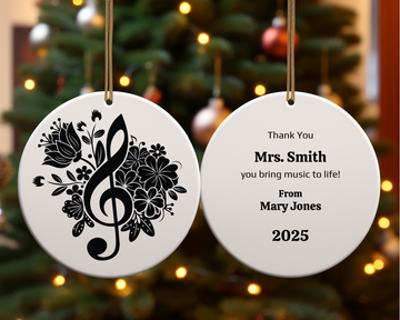 Personalized Music Teacher Ornament, Black and White Treble Clef Ceramic Keepsake, Custom Name and Year, Two-Sided Ornament Gift