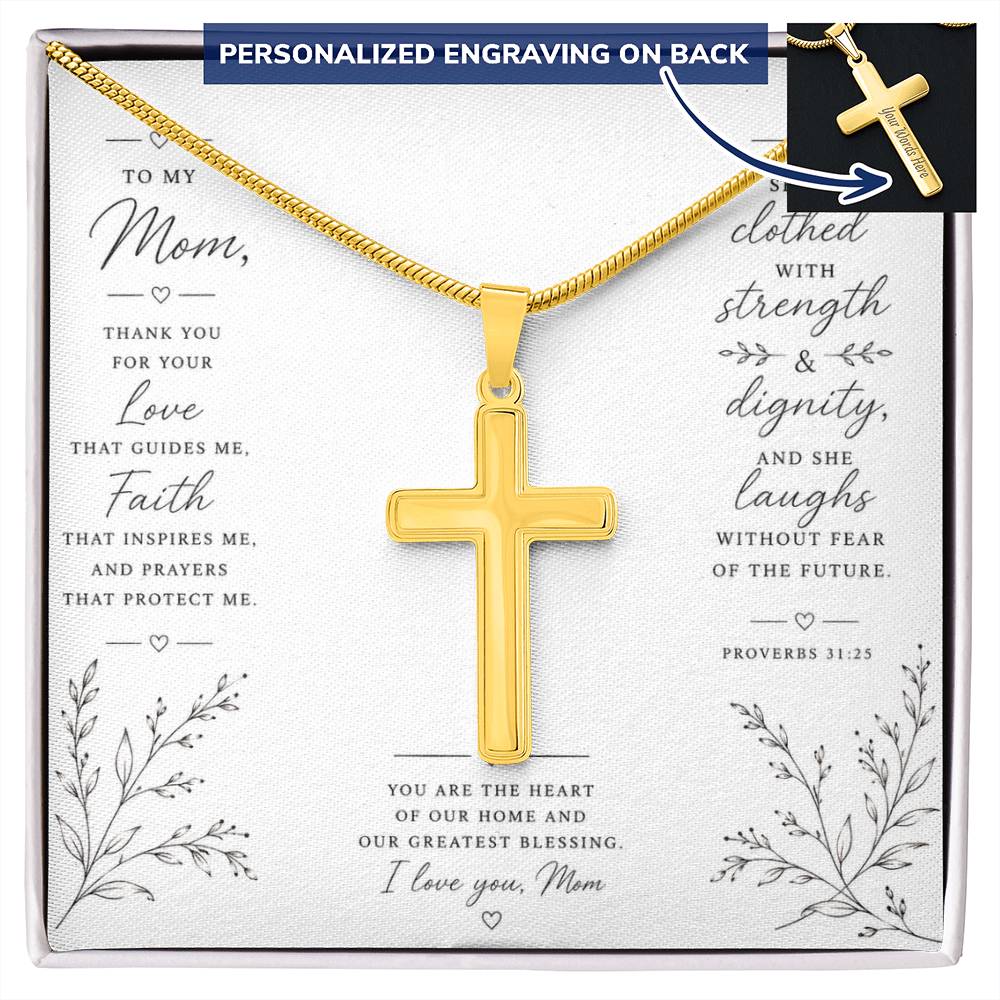 Personalized Cross Necklace for Mom, Christian Faith Jewelry, Mother's Day Gift, Proverbs 31:25 Religious Pendant