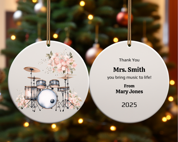 Personalized Drum Ornament, Floral Music Teacher Gift, 2-Sided Ceramic Christmas Ornament with Gold Cord, Custom Name & Year