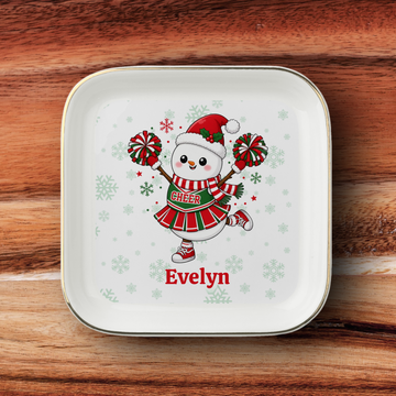 Personalized Cheerleader Snowman Trinket Tray, Christmas Jewelry Dish, Cheer Team Gift for Her, Ceramic Ring Holder