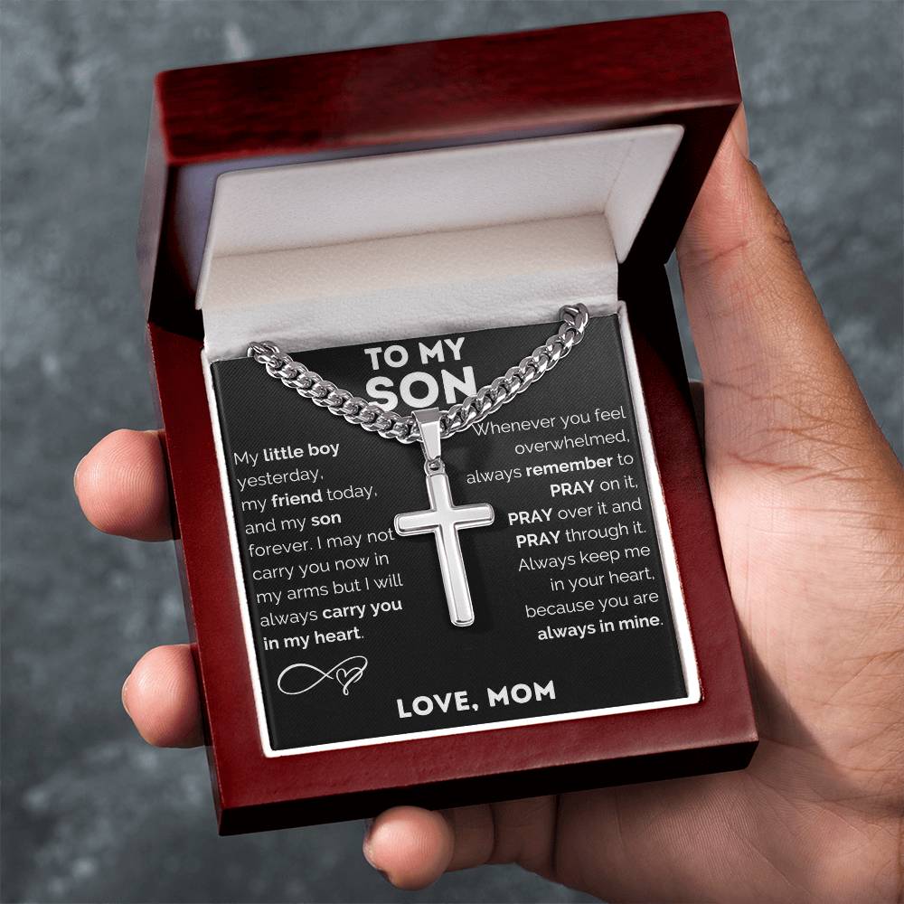 Personalized Cross Necklace, Cuban Link Chain Gift, To My Son Charm, Faith Jewelry, Engraved Pendant, Inspirational Gift Memory