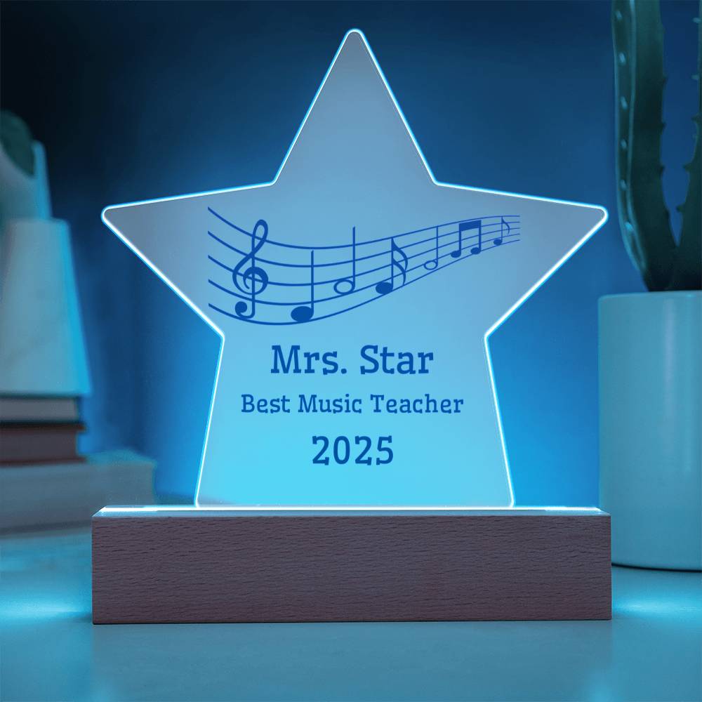 Personalized Music Teacher Gift – Acrylic Star Award with Musical Notes, Custom Name & Year