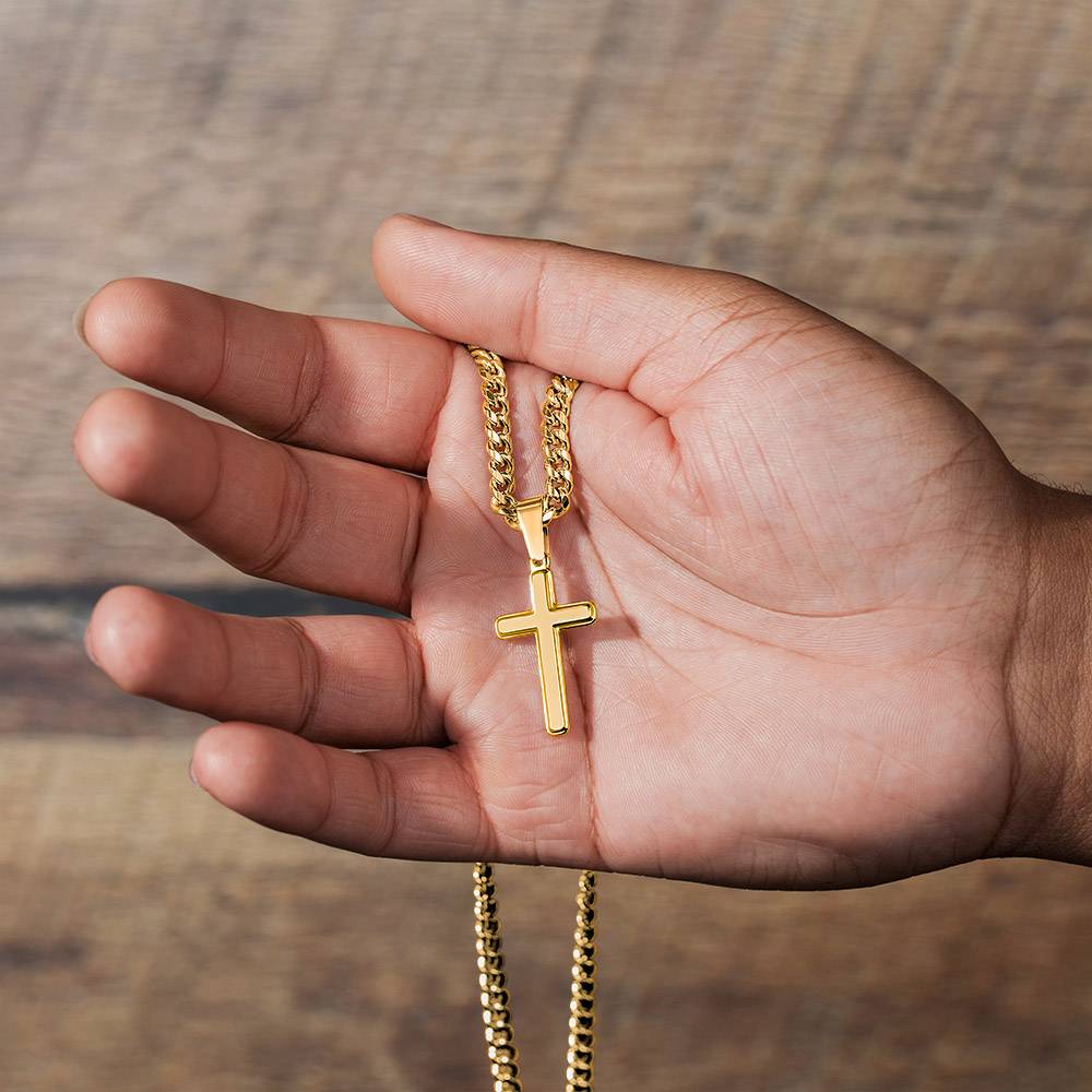 Personalized Engraved Cross Necklace for Men, Cuban Link Chain