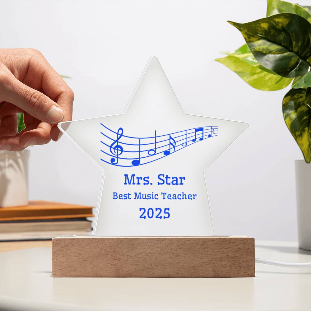 Personalized Music Teacher Gift – Acrylic Star Award with Musical Notes, Custom Name & Year