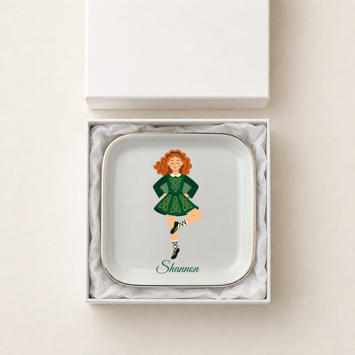 Personalized Celtic Dancer Jewelry Dish, Irish Dance Trinket Tray, Redhead Ballerina Ring Holder, Dance Recital Gift, Ceramic Dish