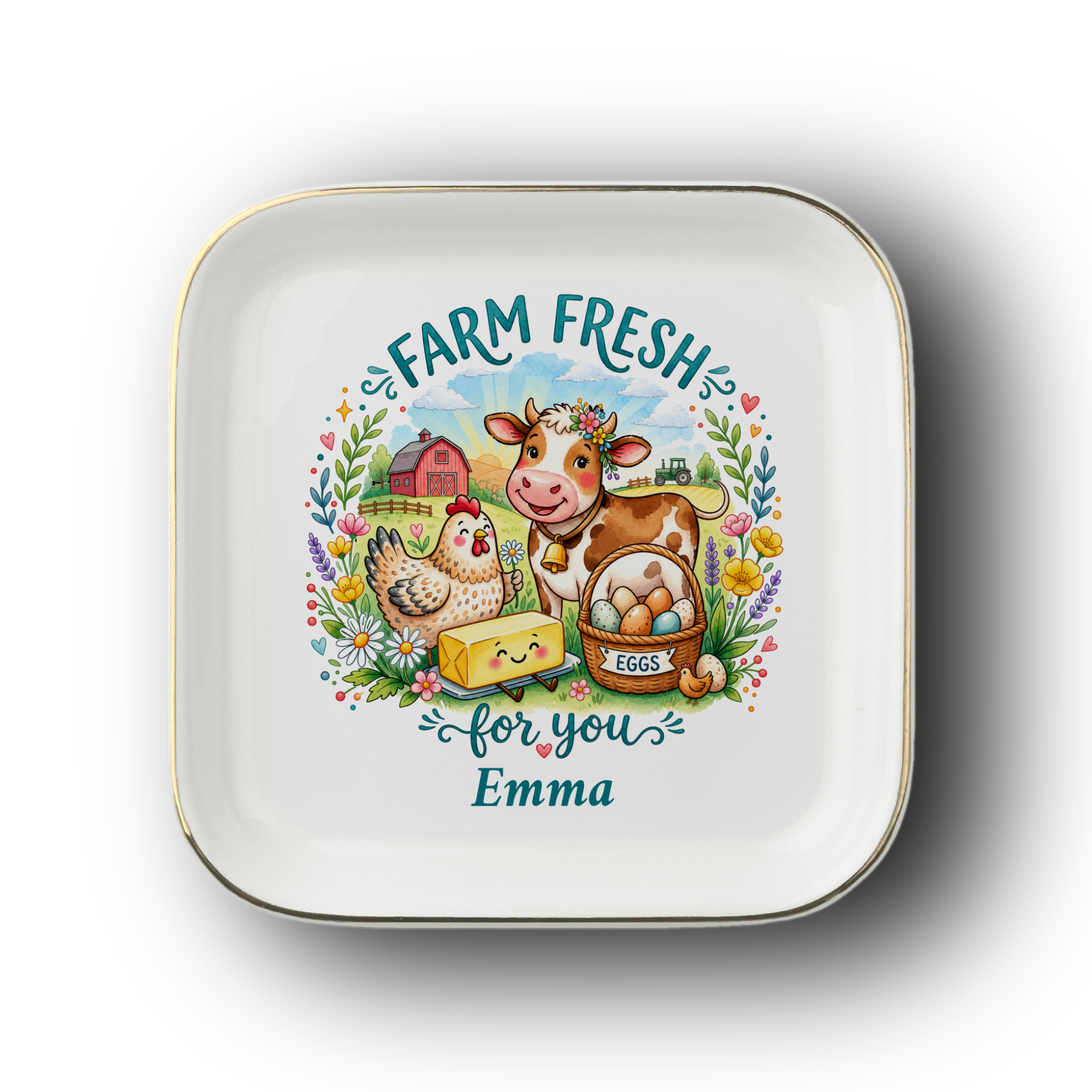 Farm Fresh Jewelry Dish, Personalized Farmhouse Trinket Tray, Cow and Chicken Keepsake Gift, Country Decor, Ceramic Ring Dish