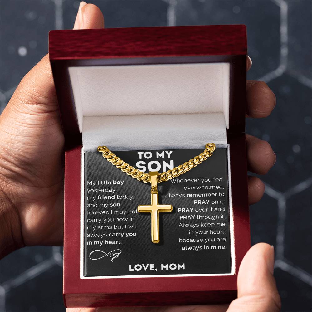 Personalized Cross Necklace, Cuban Link Chain Gift, To My Son Charm, Faith Jewelry, Engraved Pendant, Inspirational Gift Memory