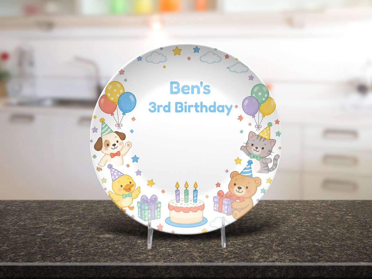 3rd Birthday Plate, Personalized Kids Party Gift, Animal Birthday Keepsake, Plate With Optional Stand, UNBREAKABLE – Not Ceramic