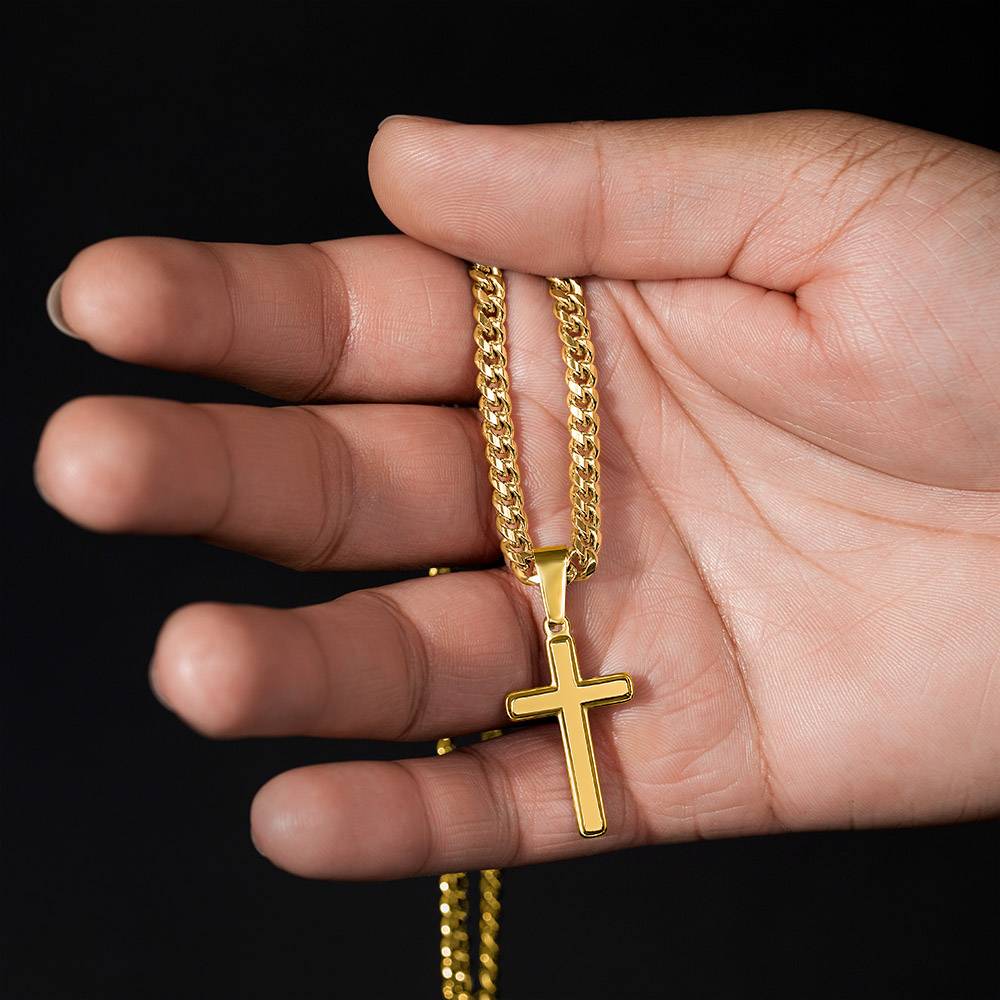 Personalized Engraved Cross Necklace for Men, Cuban Link Chain