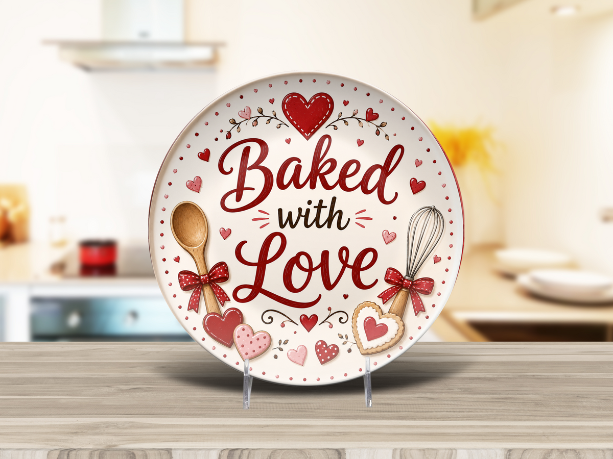 Baked with Love Plate, Valentine Kitchen Decor, Heart Baking Gift, Decorative Baker Plate, Romantic Dessert Serving Plate
