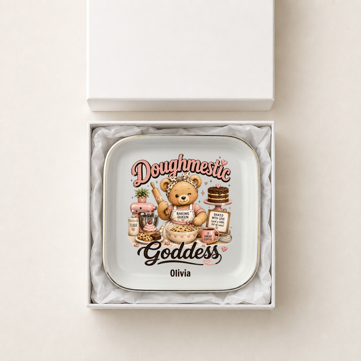 Baking Queen Kitchen Jewelry Dish, Doughmestic Goddess Ring Holder, Personalized Kitchen Decor, Baker Gift, Ceramic Trinket Tray
