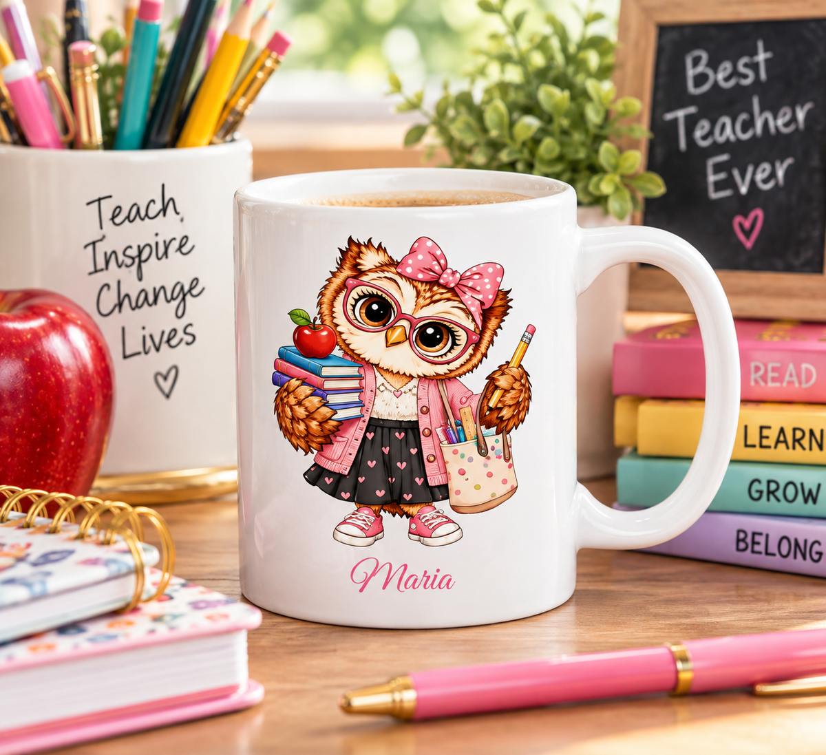 Personalized Teacher Owl Mug, Cute Teacher Coffee Cup, Student Teacher Gift, Secret Santa Present