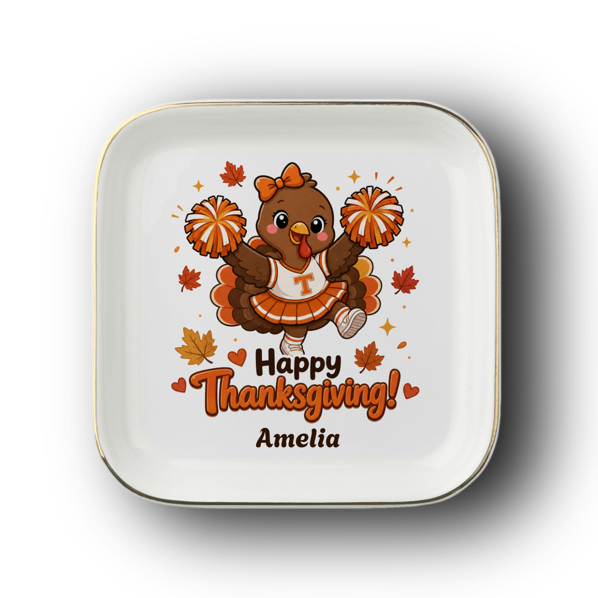 Personalized Thanksgiving Jewelry Dish, Cheerleader Turkey Trinket Tray, Fall Decor, Custom Name Gift, Ceramic Ring Holder