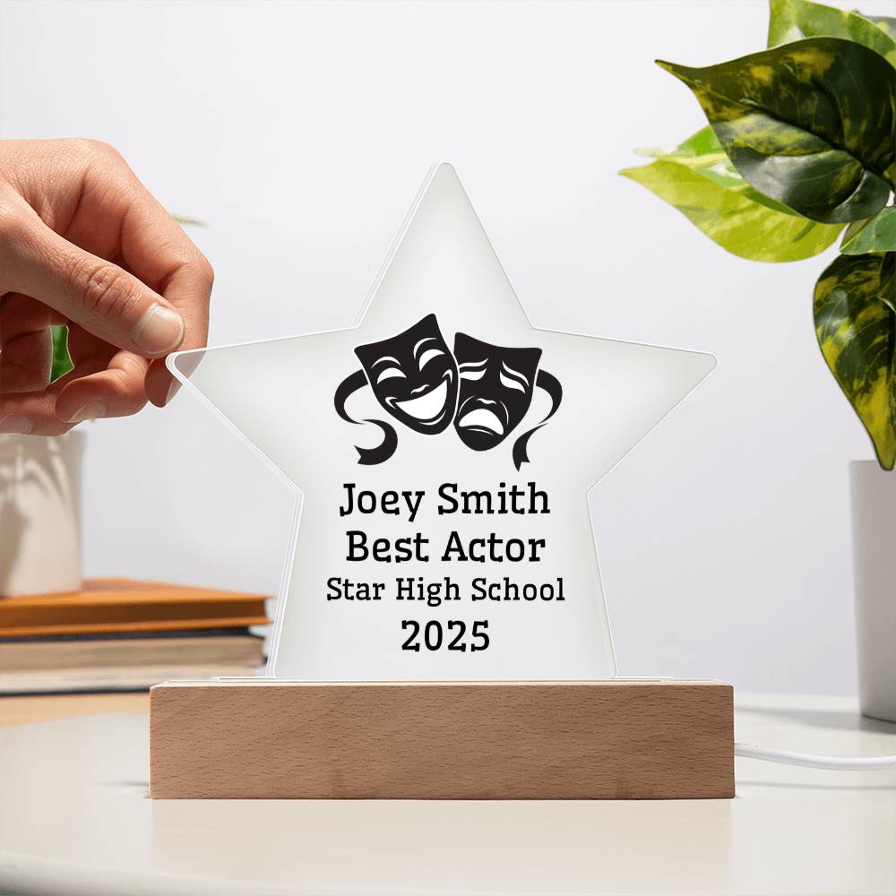 Best Actor Award – Personalized Acrylic Star Plaque with Theater Masks, Name, High School & Year