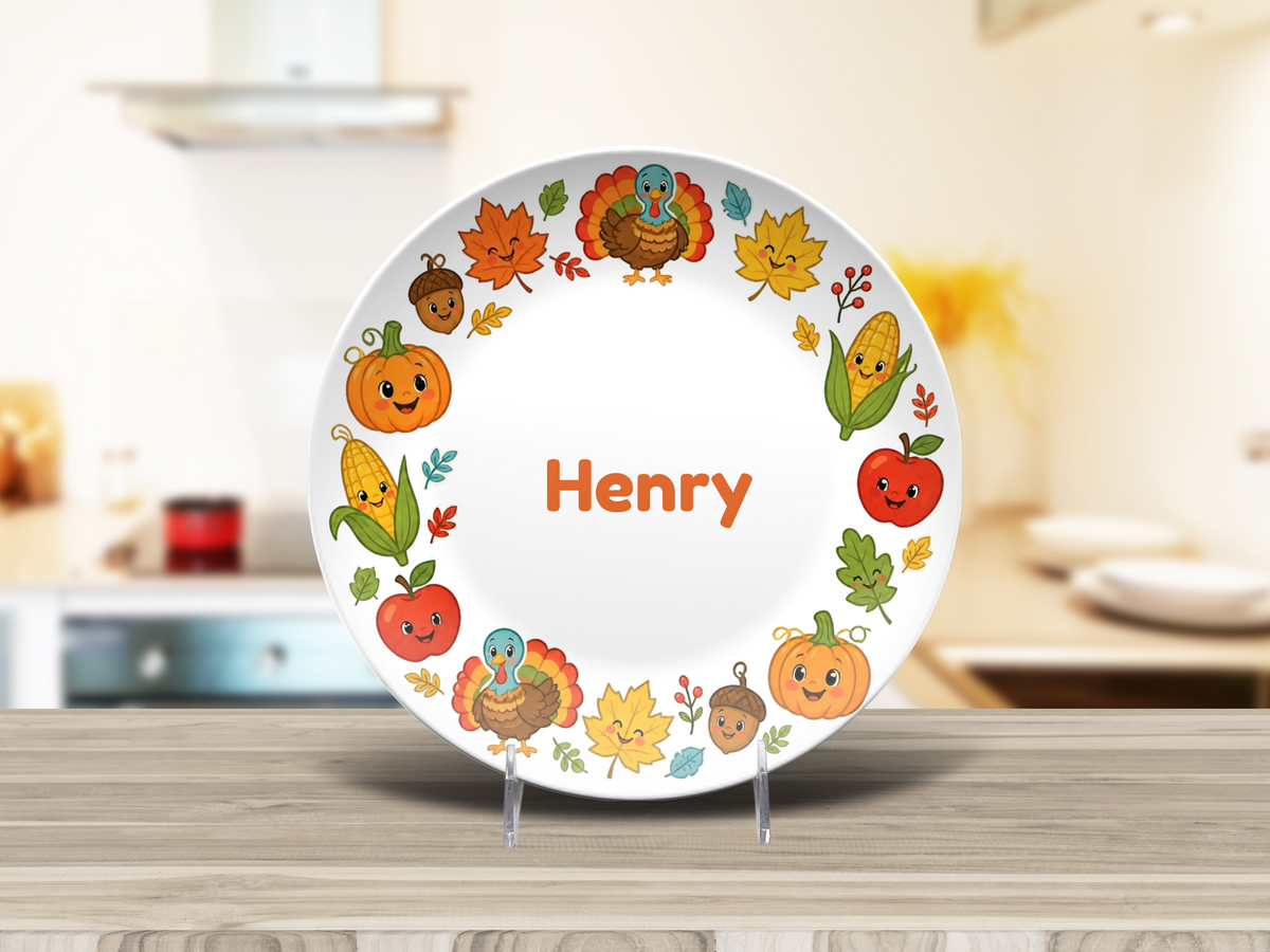 Personalized Thanksgiving Plate for Kids, Custom Name Fall Dinner Plate, Cute Turkey Pumpkin Autumn Plate, Thanksgiving Gift for Children