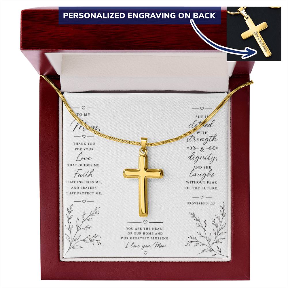Personalized Cross Necklace for Mom, Christian Faith Jewelry, Mother's Day Gift, Proverbs 31:25 Religious Pendant