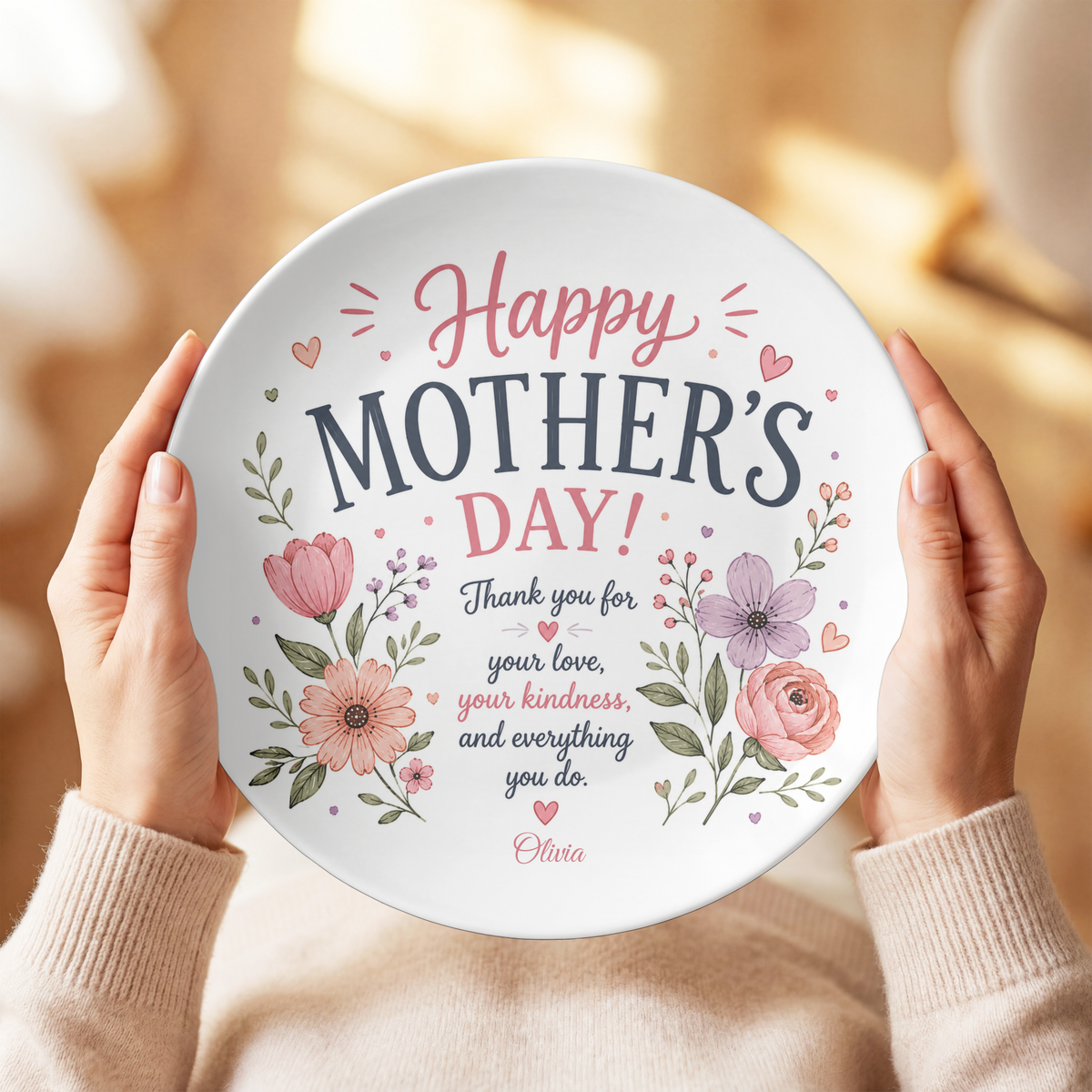 Personalized Mother's Day Plate, Floral Mom Gift, Thank You for Your Love and Kindness, Mother's Day Dinnerware