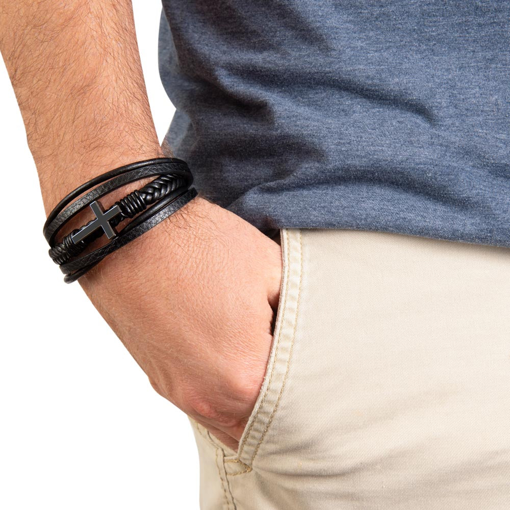 Men's Cross Leather Bracelet, Christian Gift for Him, Joshua 1:9 Courage Bracelet, Faith Gift for Husband, Boyfriend, Dad or Friend
