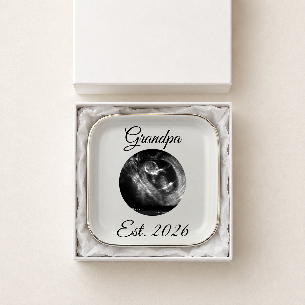 Personalized New Grandpa Gift, Pregnancy Announcement Keepsake, Est. 2026 Ultrasound Trinket Tray with Gift Box