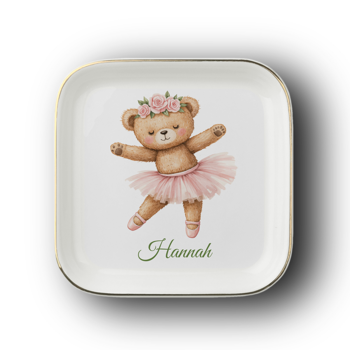 Personalized Ballerina Bear Jewelry Dish, Floral Teddy Bear Trinket Tray, Custom Name Keepsake Gift for Girl, Nursery Decor Accessory