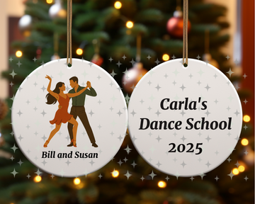 Personalized Salsa Dancing Couple Ornament – 2-Sided Round Ceramic Keepsake with Name, Dance School & Year – Dancer Gift