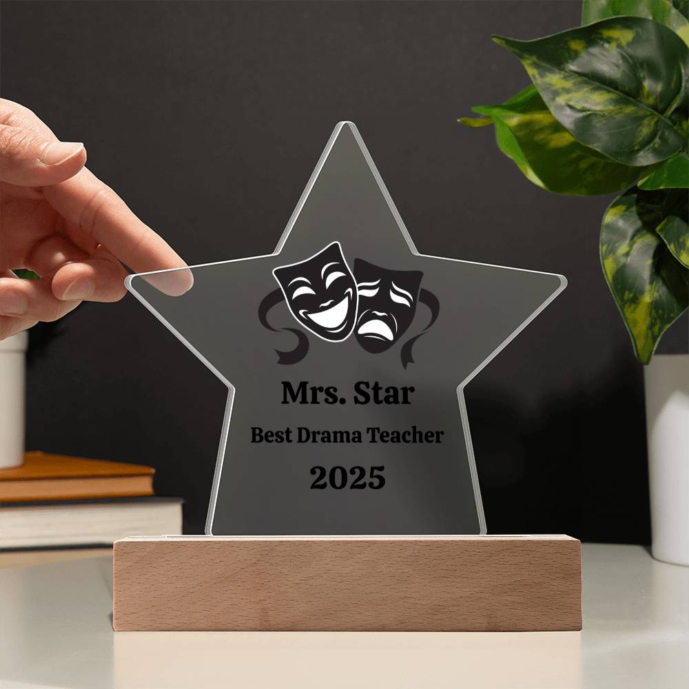 Personalized Acrylic Star Award – Custom Theater Masks Plaque for Teachers, Students, or Performers