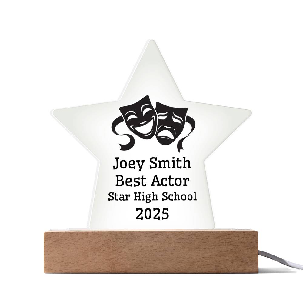 Best Actor Award – Personalized Acrylic Star Plaque with Theater Masks, Name, High School & Year