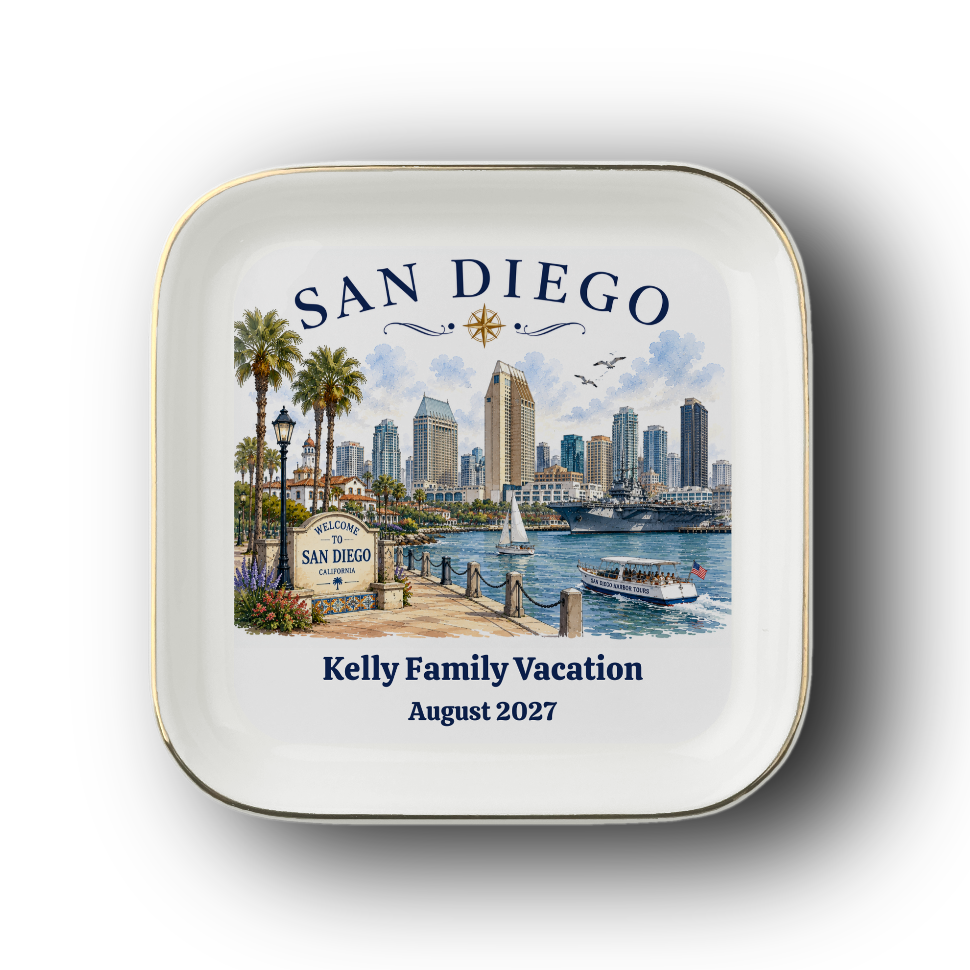 Personalized San Diego Jewelry Dish, California Travel Keepsake, Harbor Skyline Trinket Tray, Coastal Souvenir Gift, Gold Trim Ceramic Dish