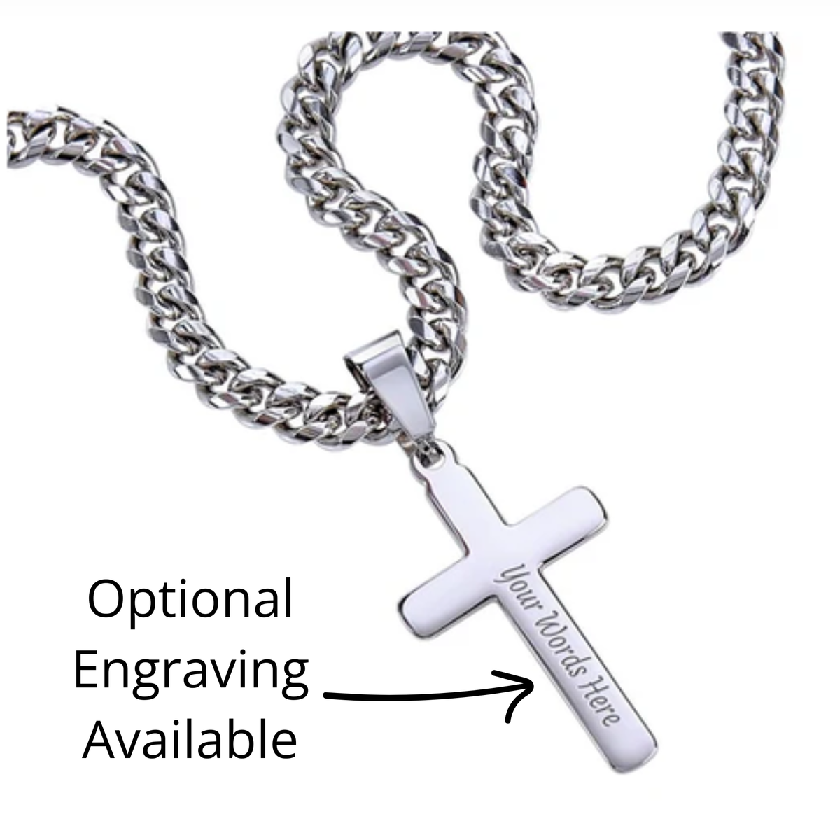 Steadfast Cross Necklace for Men with Cuban Link Chain, Optional Personalized Back Engraving, Christian Faith Gift for Him, Religious Jewelry