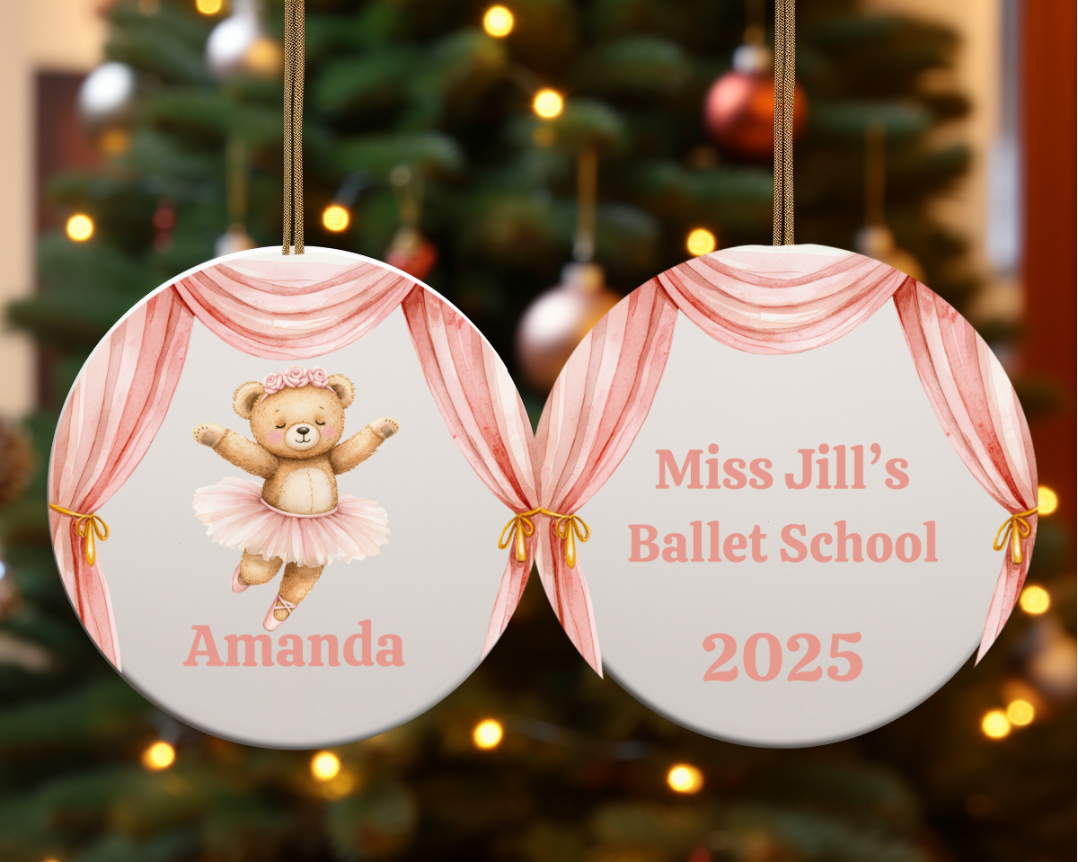 Personalized Dancing Teddy Bear Ornament – 2-Sided Round Ceramic Keepsake with Name, School & Year – Pink Tutu Ballet Gift