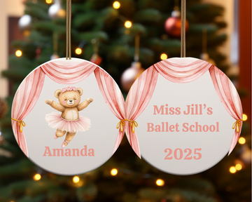 Personalized Dancing Teddy Bear Ornament – 2-Sided Round Ceramic Keepsake with Name, School & Year – Pink Tutu Ballet Gift