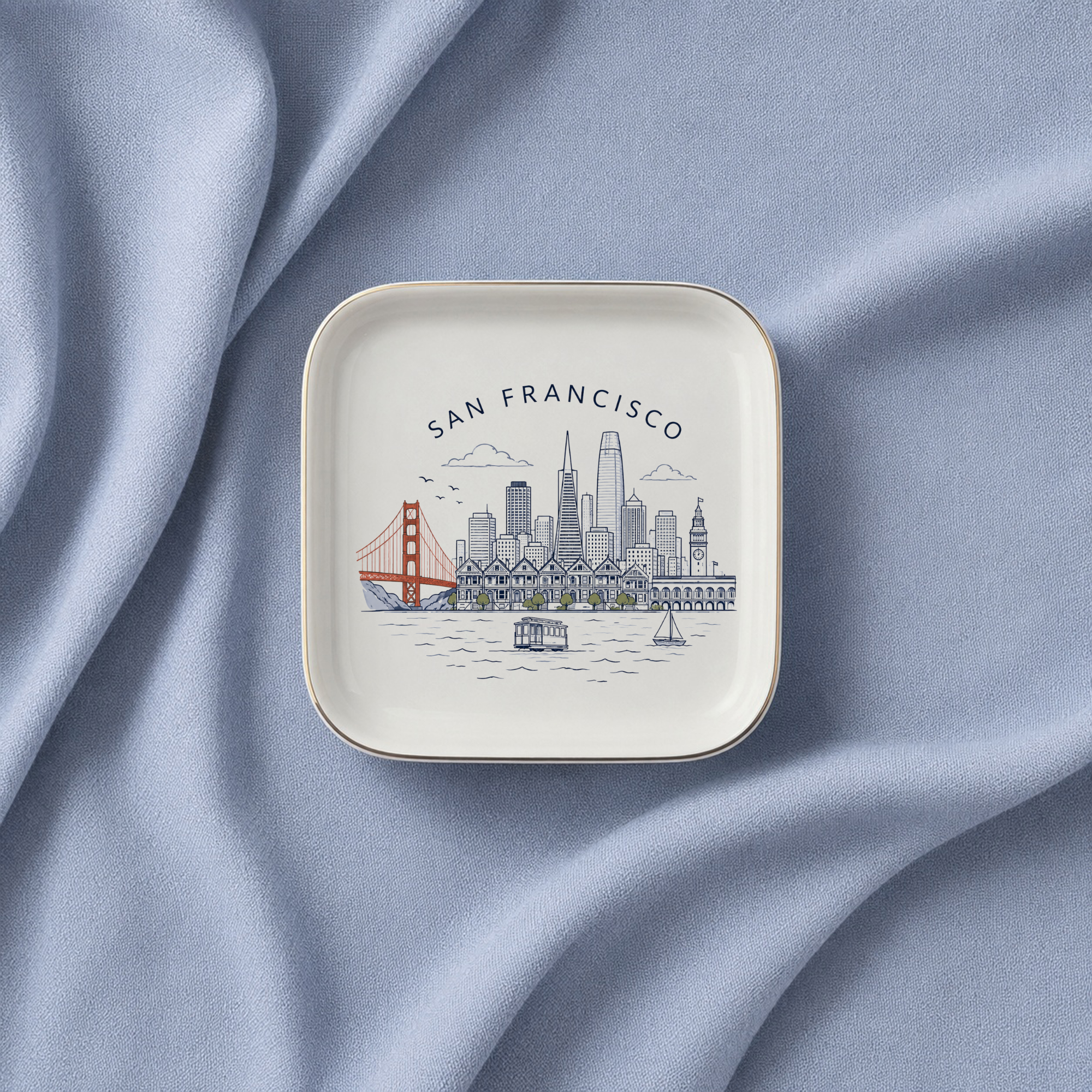 San Francisco Souvenir Jewelry Dish, Golden Gate Bridge Trinket Tray, Golden Gate Bridge Keepsake Gift, Gold-Trimmed Ceramic Dish