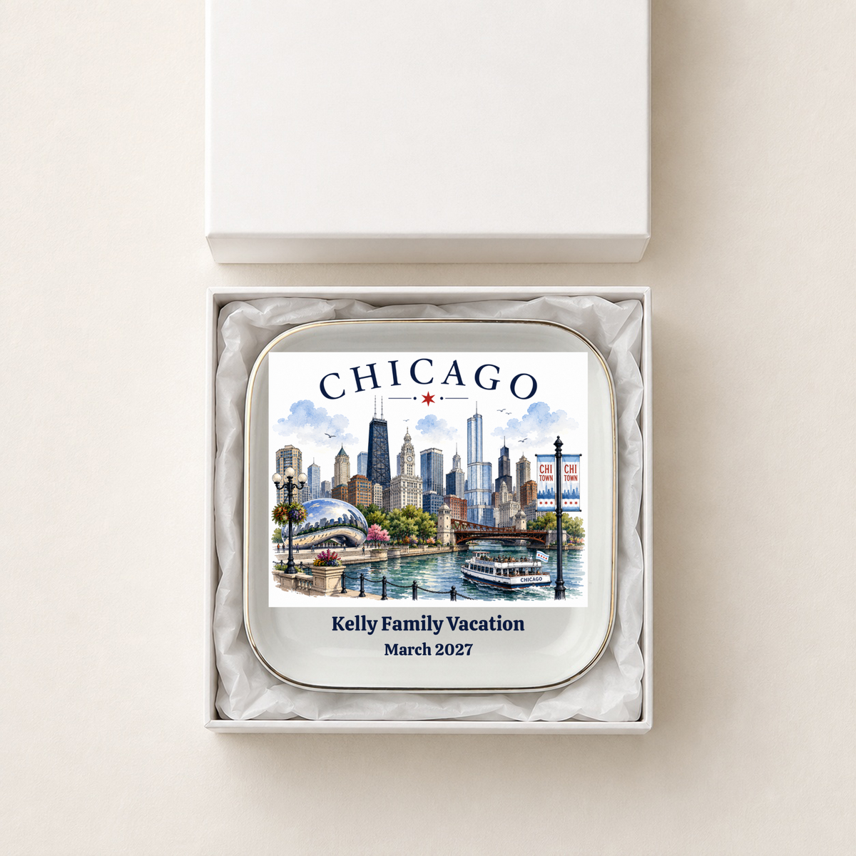 Personalized Chicago Skyline Jewelry Dish, Chicago Keepsake Tray, Chicago River Scene, Catchall Dish, Travel Gift