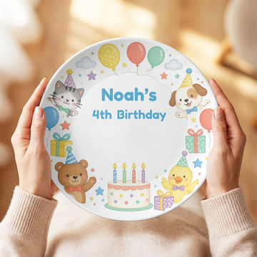 4th Birthday Plate, Personalized Kids Birthday Party Decor, Animal Celebration Keepsake Gift, 10 Inch, UNBREAKABLE – Not Ceramic