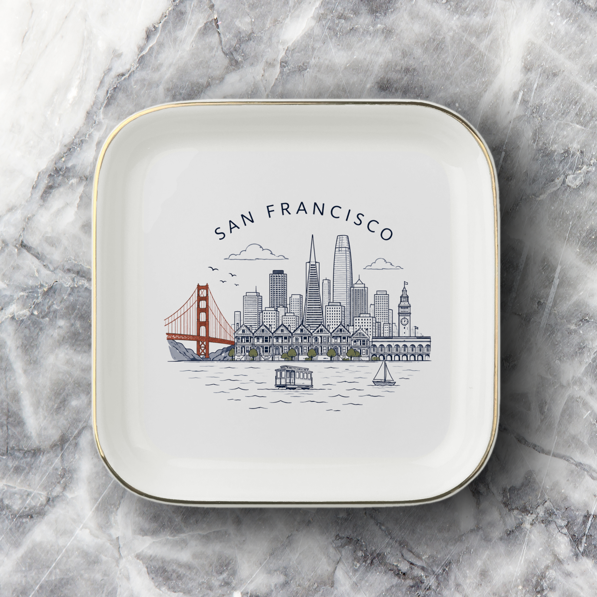 San Francisco Souvenir Jewelry Dish, Golden Gate Bridge Trinket Tray, Golden Gate Bridge Keepsake Gift, Gold-Trimmed Ceramic Dish