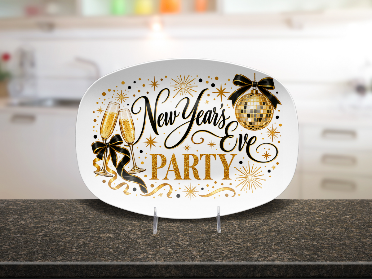 New Year's Eve Party Serving Platter, Black and Gold Champagne Celebration Decor, Oval Holiday Entertaining Dish, Microwave Safe, 10 x 14
