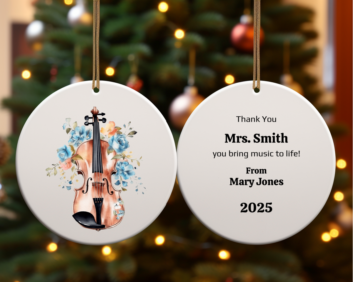 Personalized Violin Ornament, Floral Music Teacher Gift, 2-Sided Ceramic Christmas Ornament with Gold Cord, Custom Name & Year