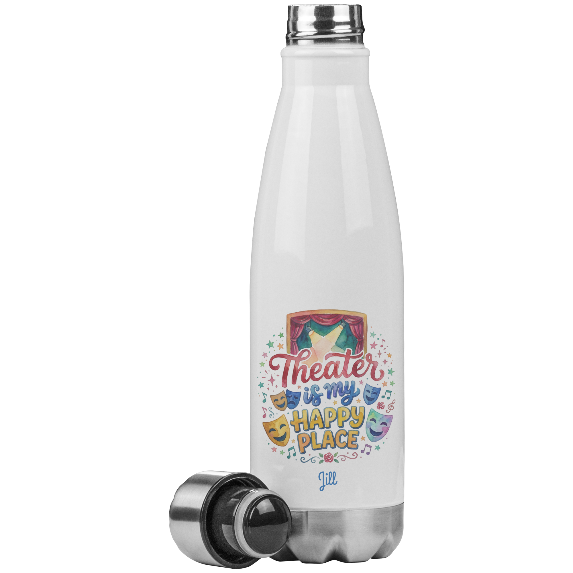 Personalized Theater Gift Insulated Water Bottle, Happy Place Design, 20oz Thermos, Eco-Friendly Stainless Steel, Reusable Drinkware, Spill Proof