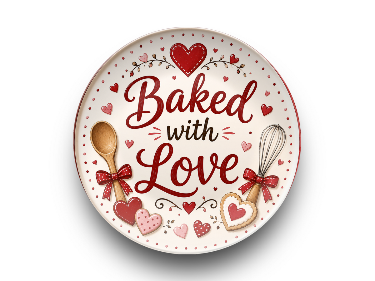 Baked with Love Plate, Valentine Kitchen Decor, Heart Baking Gift, Decorative Baker Plate, Romantic Dessert Serving Plate