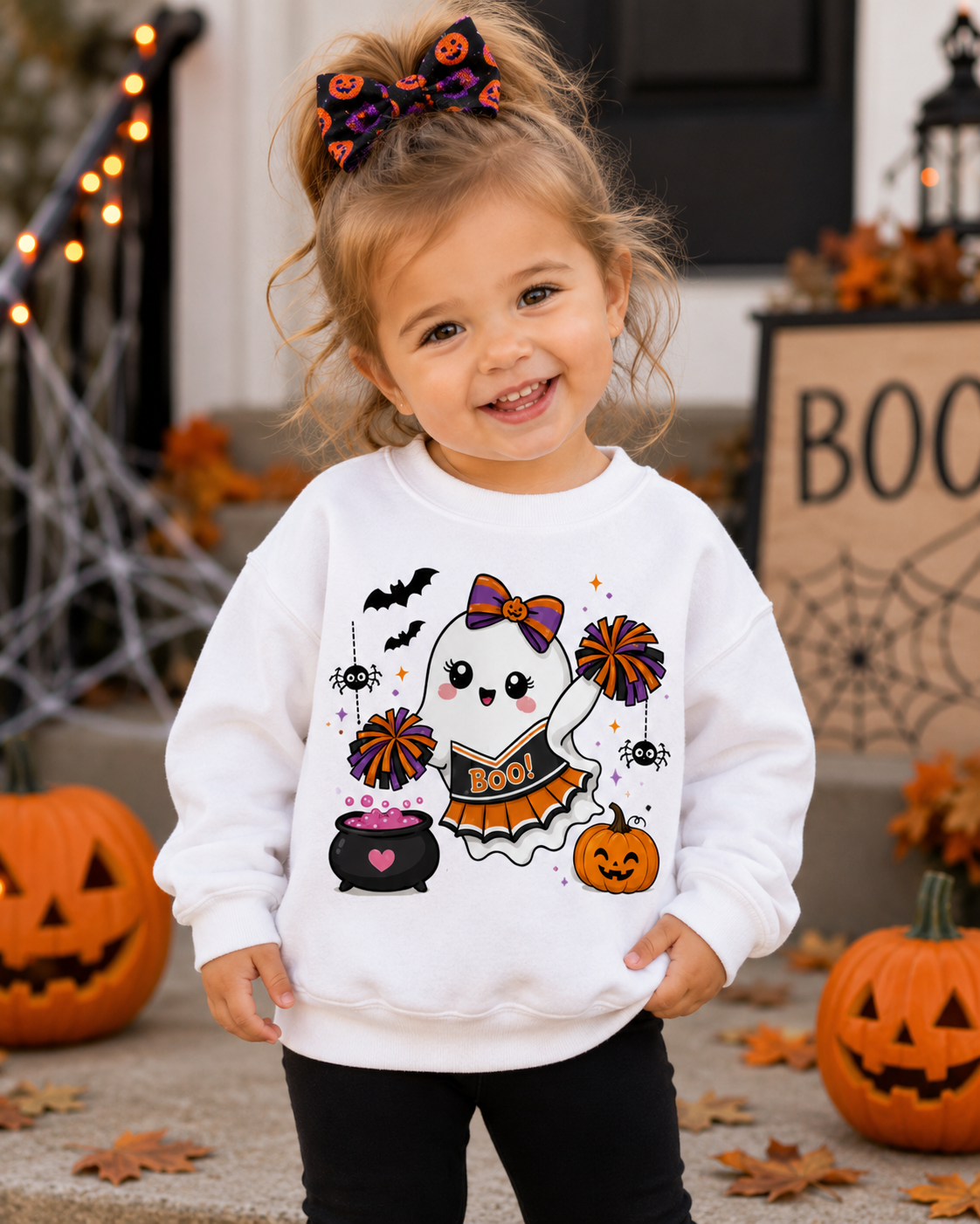 Toddler Halloween Cheerleader Ghost Sweatshirt, Spooky Cheer Girl Crewneck, Halloween Shirt, Cheer or Treat Sweater, Fall Cheer Gift