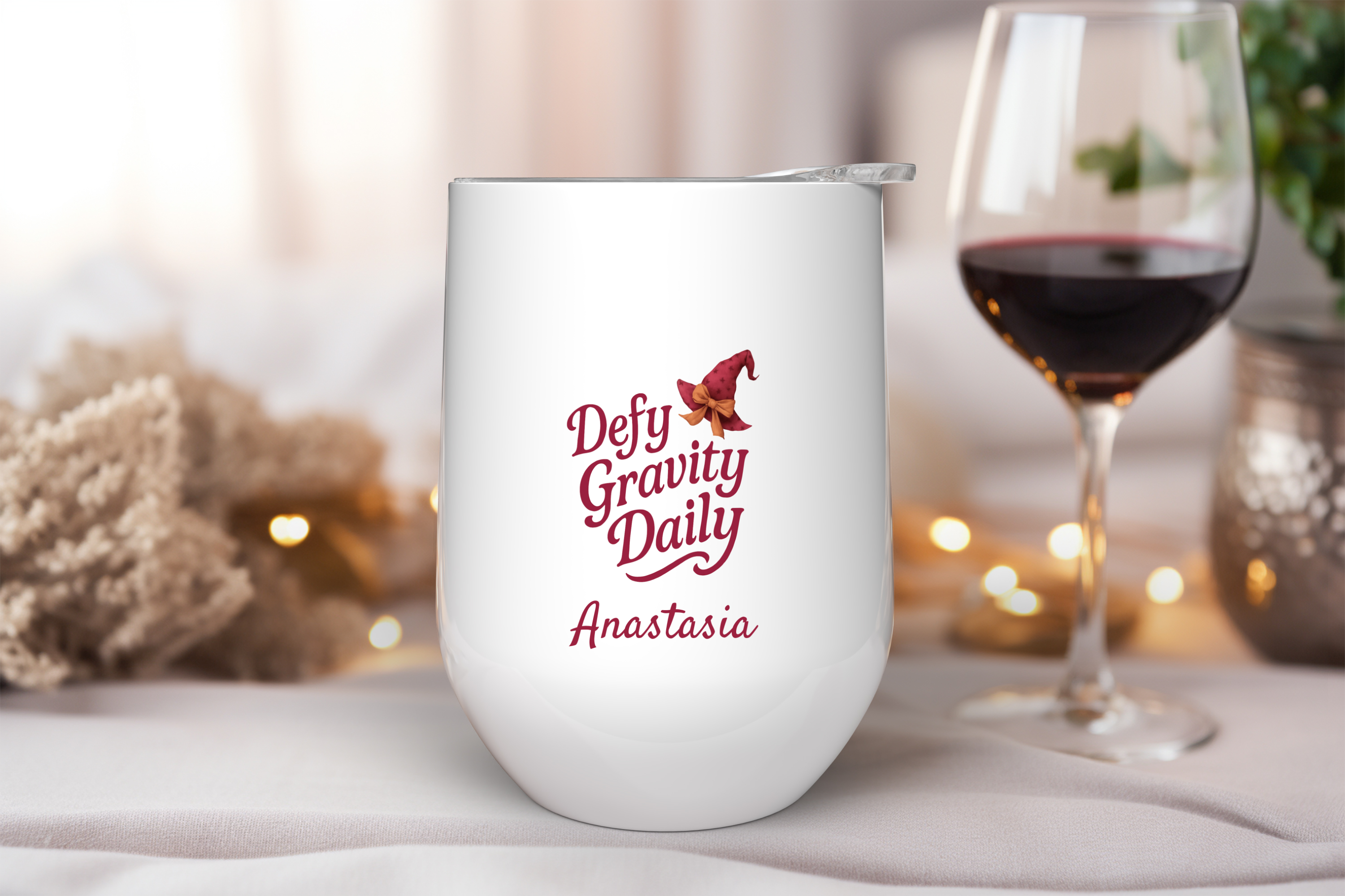 Defy Gravity Daily Wine Tumbler – Personalized 12oz Stainless Steel Cup, Gift for Musical Theater Lovers, Insulated Travel Mug