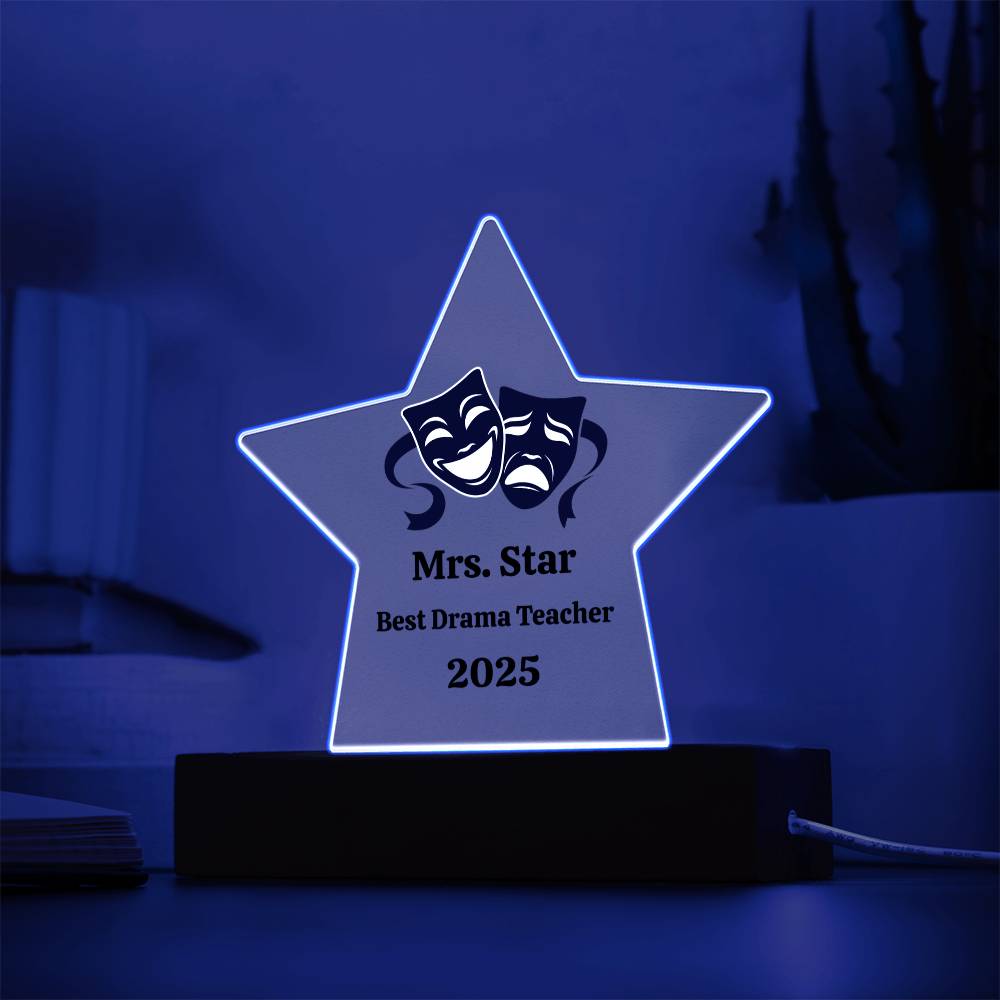 Personalized Acrylic Star Award – Custom Theater Masks Plaque for Teachers, Students, or Performers