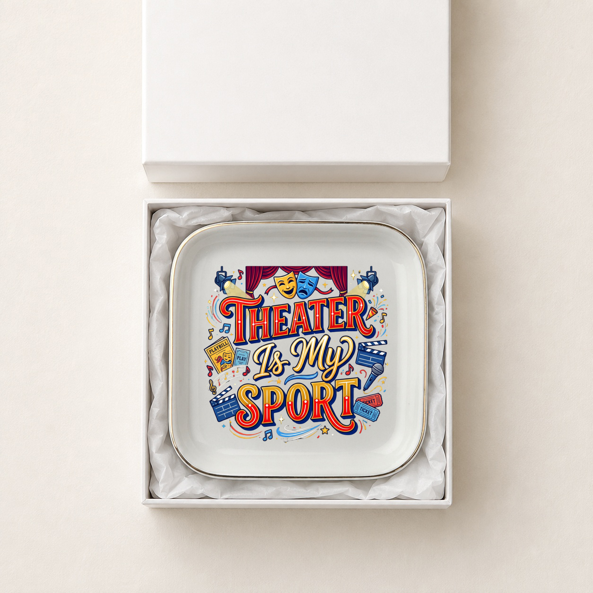 Theater Is My Sport Jewelry Dish, Theater Lover Gift, Drama Club Keepsake, Acting Gift, Stage Performer Ring Tray, Gold Trim Ceramic Dish