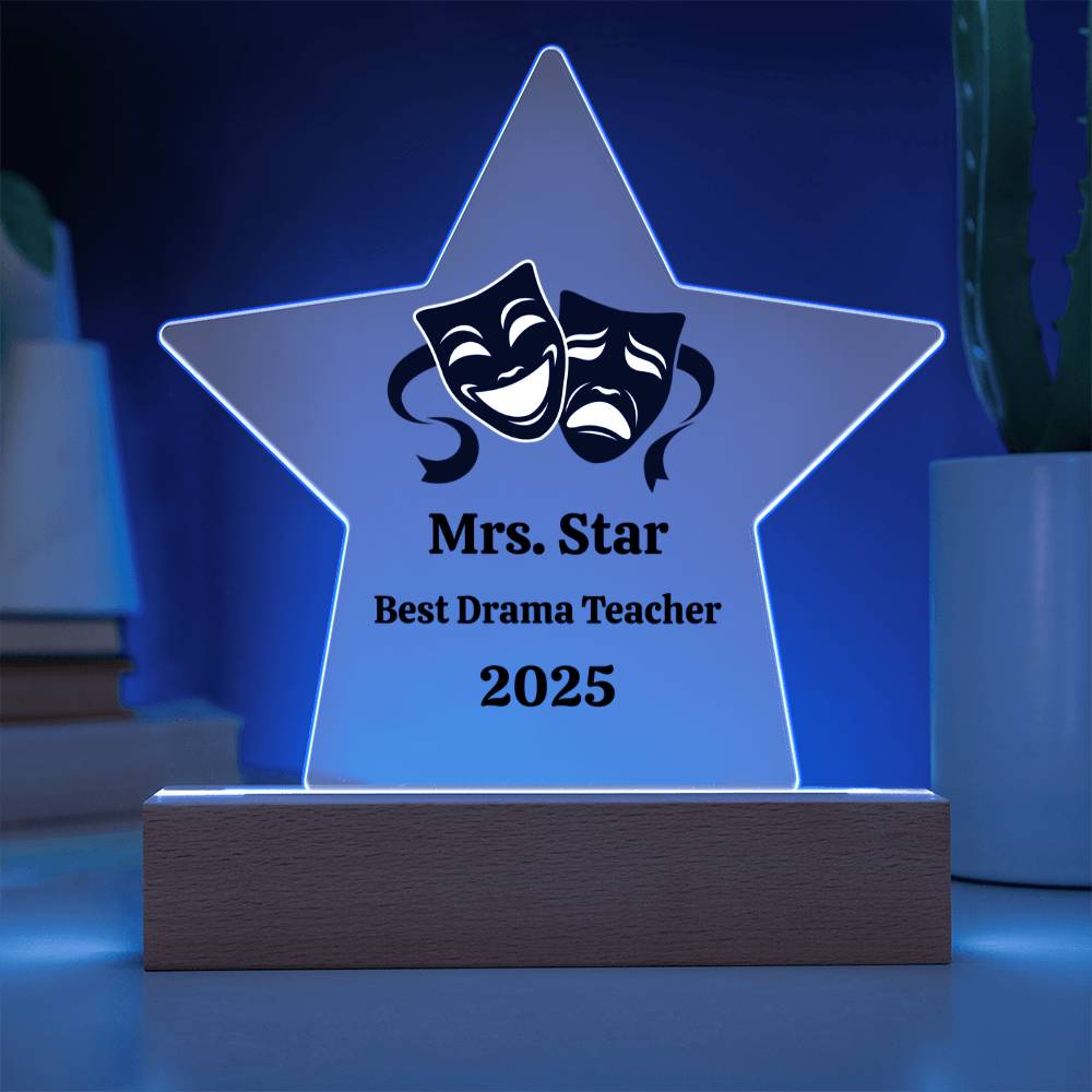 Personalized Acrylic Star Award – Custom Theater Masks Plaque for Teachers, Students, or Performers