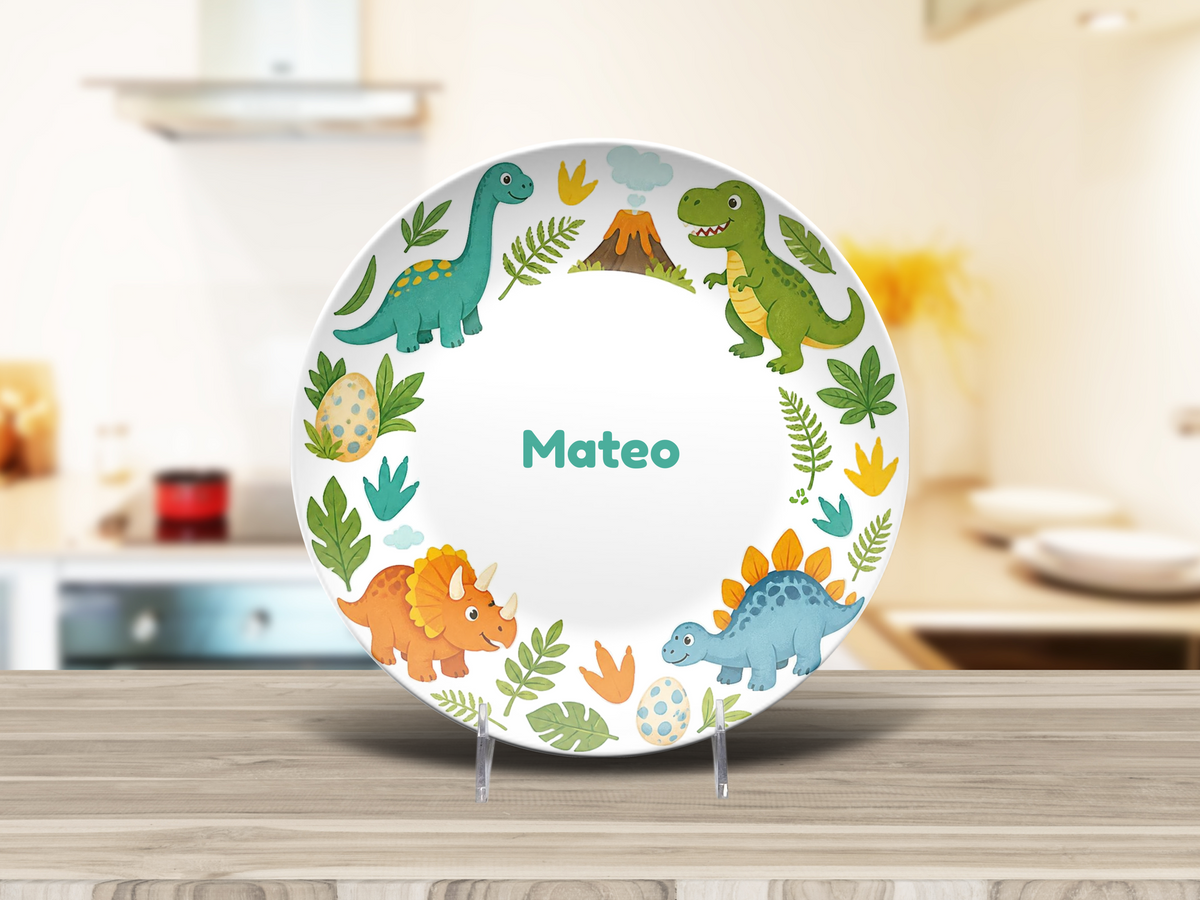 Dinosaur Plate, Personalized Kids Birthday Gift, Prehistoric Dino Nursery Decor, Plate With Stand Option, UNBREAKABLE – Not Ceramic