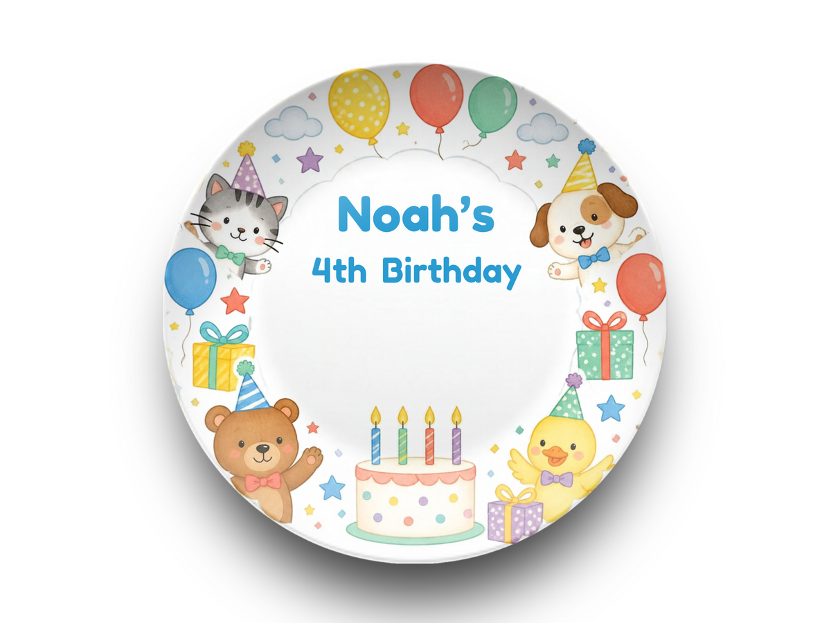 4th Birthday Plate, Personalized Kids Birthday Party Decor, Animal Celebration Keepsake Gift, 10 Inch, UNBREAKABLE – Not Ceramic