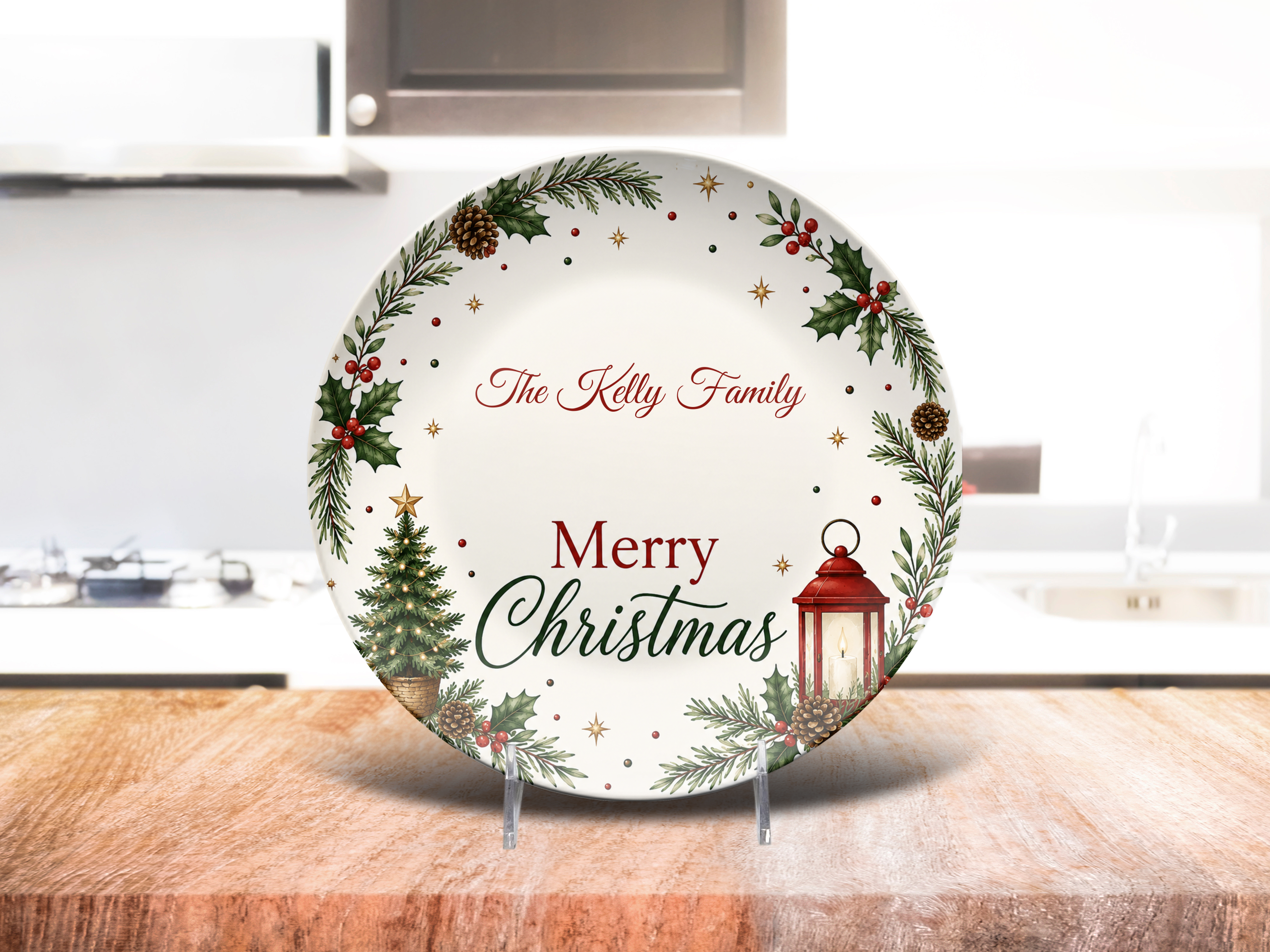 Personalized Christmas Family Plate, Merry Christmas Holiday Dinnerware, Festive Holly Pine Tree Lantern Seasonal Serving Plate Gift
